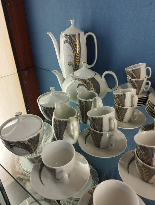 Servizio Da Caffe' Bavaria 15 Pezzi Decoro Floreale Grigio E Dorato