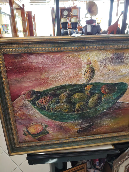 Quadro Artigianale Dipinto Su Pala Di Fico D'india Cornice Dorata Verde R.