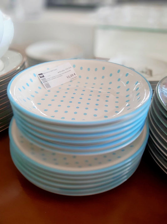 6 Piatti Piani E 6 Fondi Decorazione Pois E Bordo Azzurro