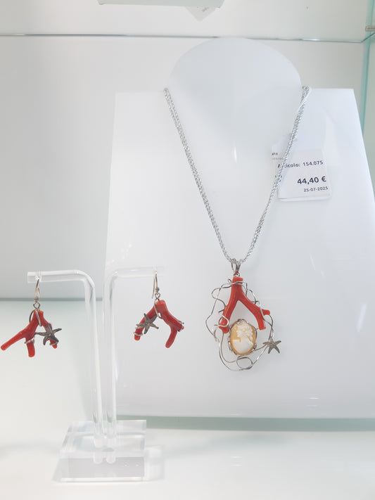 Parure Collana+orecchini Corallo E Cameo