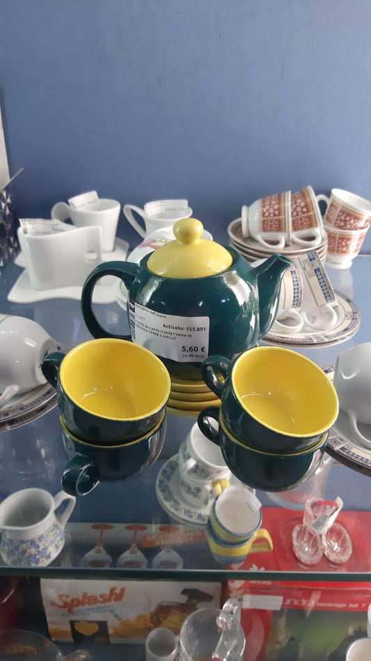 4 Tazze Da Caffe+caffettiera In Ceramica Verde E Giallo