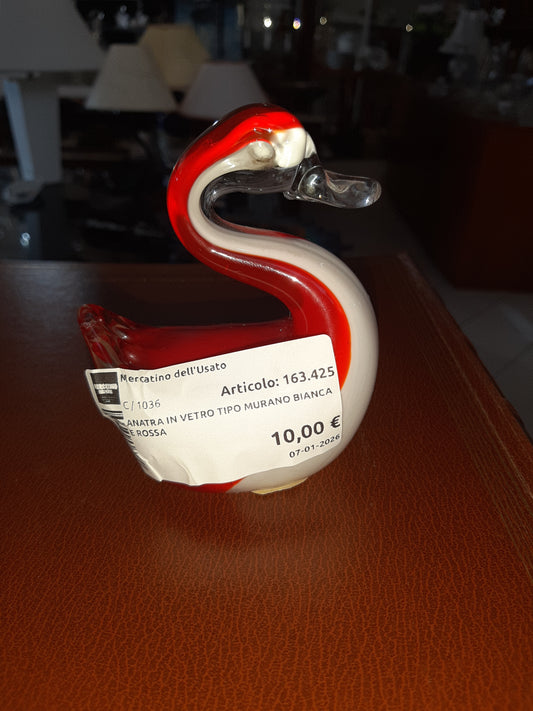 Anatra In Vetro Tipo Murano Bianca E Rossa