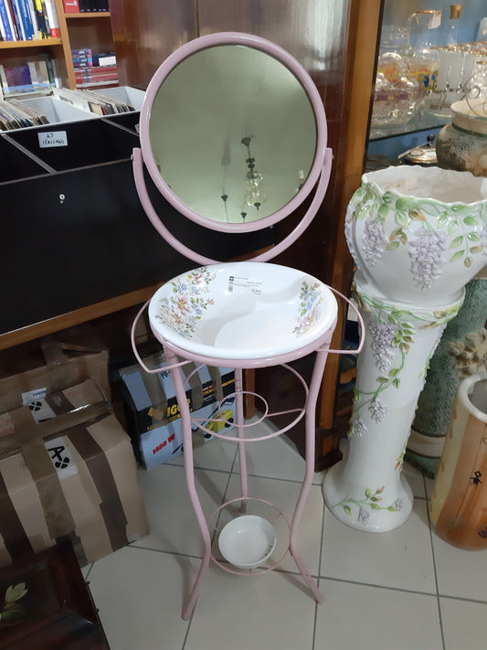 Lavello In Metallo Smaltato Rosa Con Ciotole E Specchio