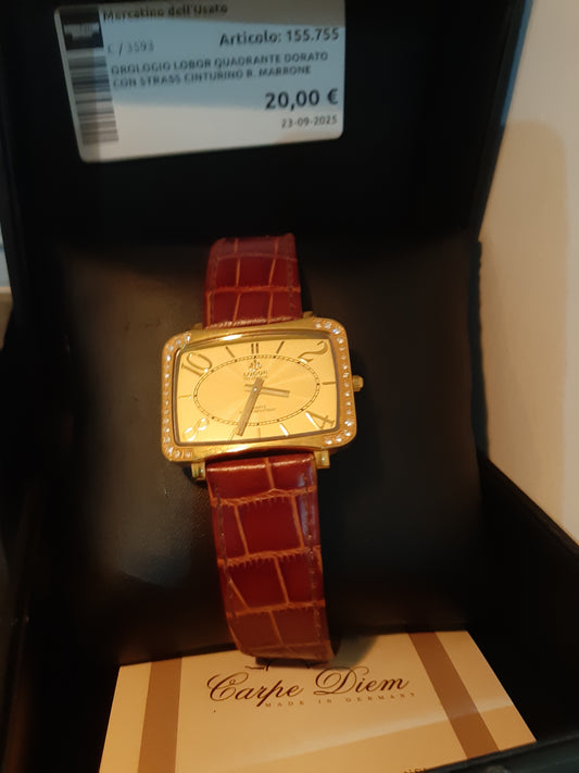Orologio Lobor Quadrante Dorato Con Strass Cinturino R. Marrone