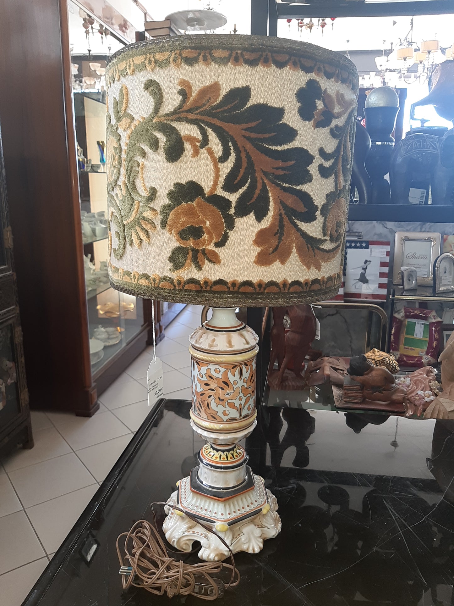 Vecchio Lume Base In Ceramica Paralume Cilindrico In Tessuto Broccato R.