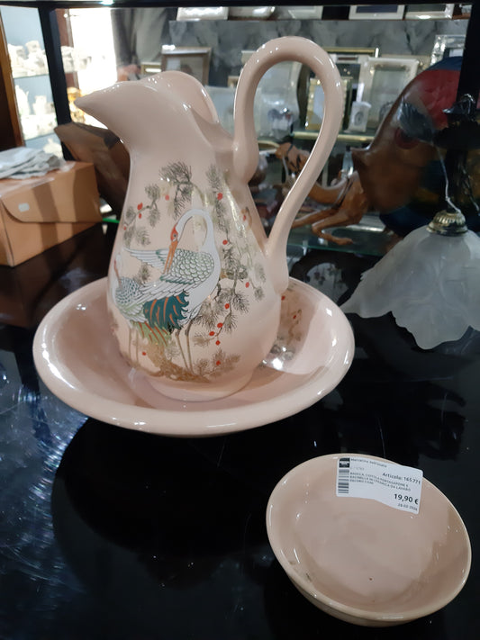 Brocca, Ciotola Portasapone E Bacinella In Ceramica Da Lavabo Decoro Cigni