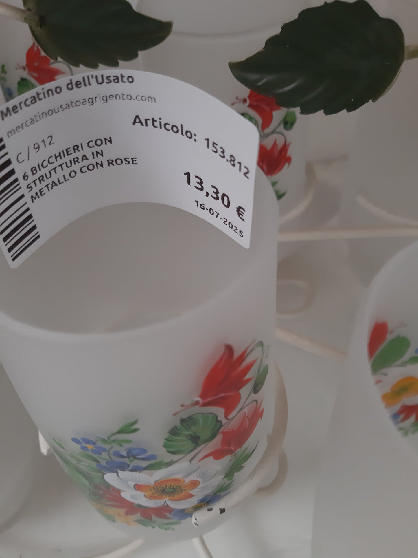 6 Bicchieri Con Struttura In Metallo Con Rose