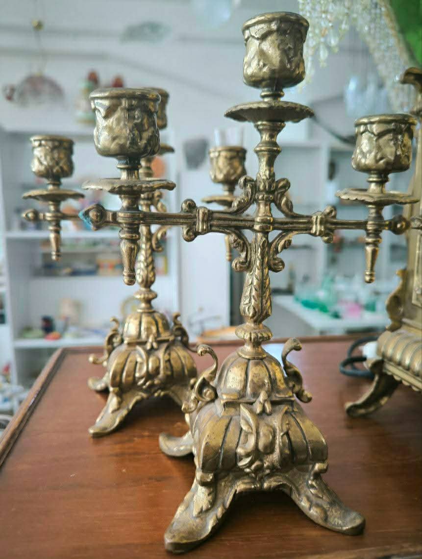 Trittico Parigina E 2 Candelabri Dorati Ottone