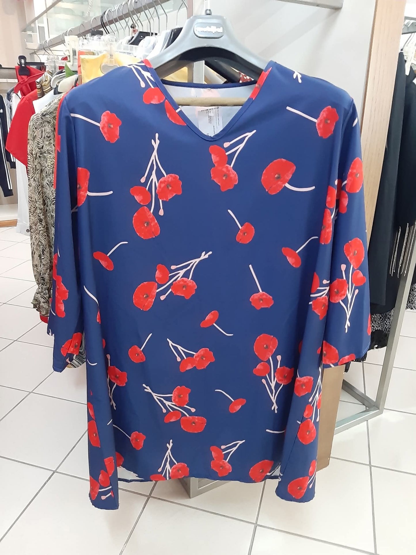 Vestito In Raso Blu Fiori Rossi Xxl