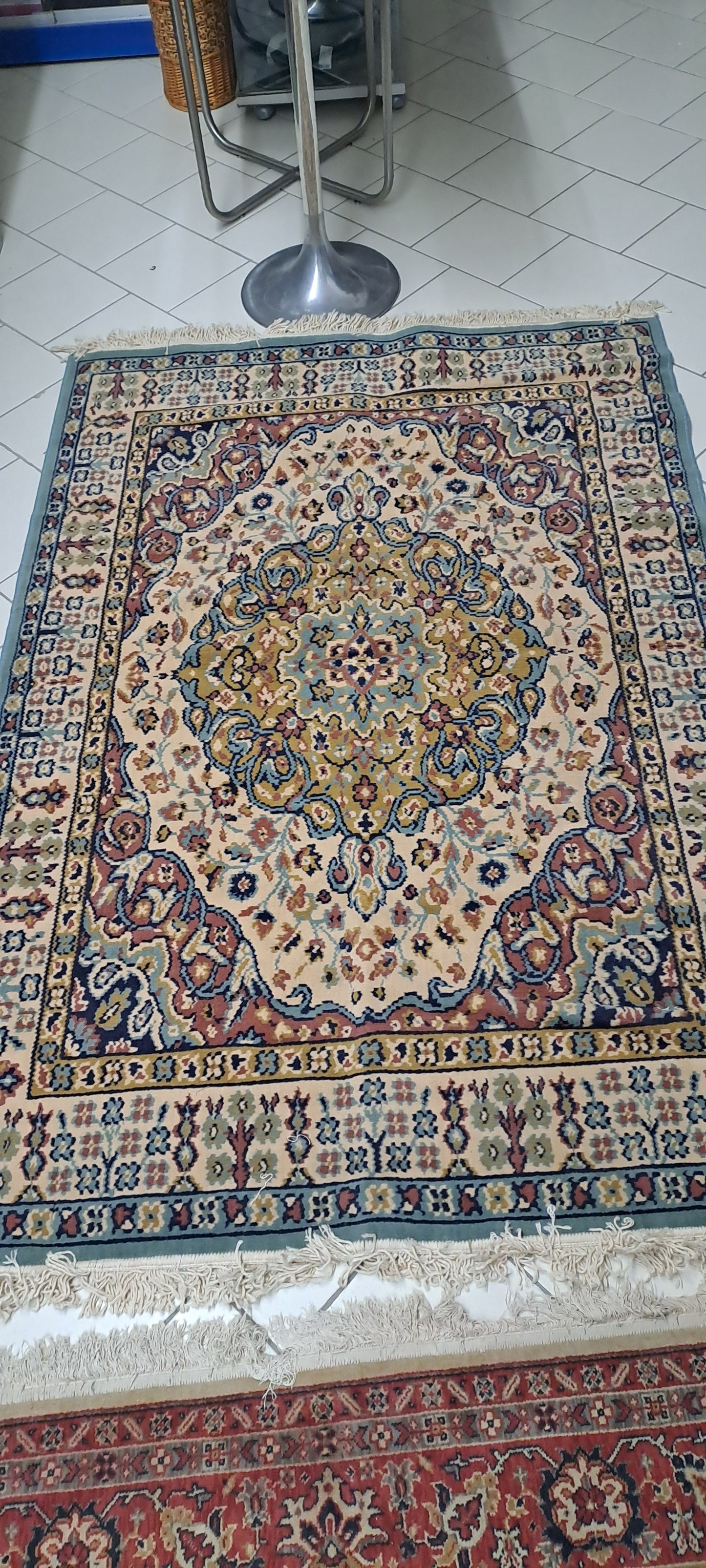 Tappeto Lana Bordo Verde Petrolio Rosone Centrale Senape Con Fiori 218x148