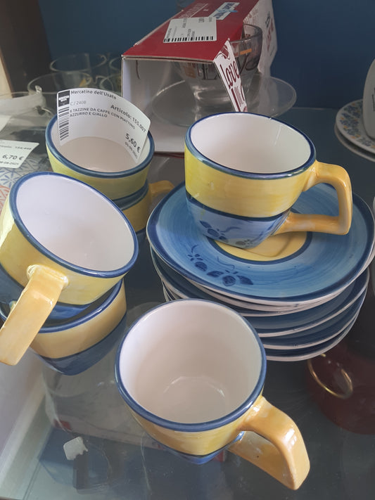 6 Tazzine Da Caffe Con Piattino Azzurro E Giallo