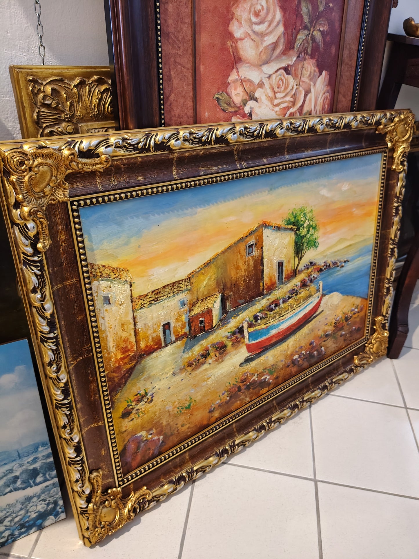 Quadro Cornice Dorata Barca Su Spiaggia