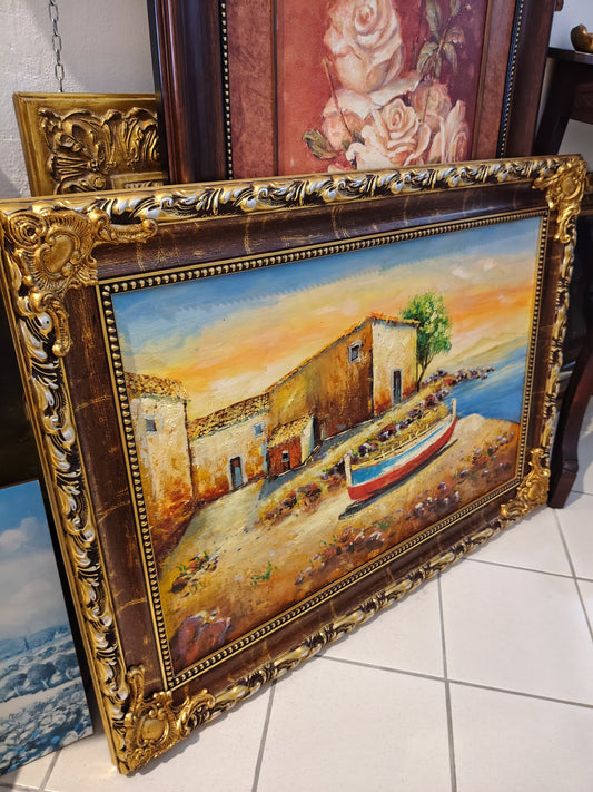 Quadro Cornice Dorata Barca Su Spiaggia